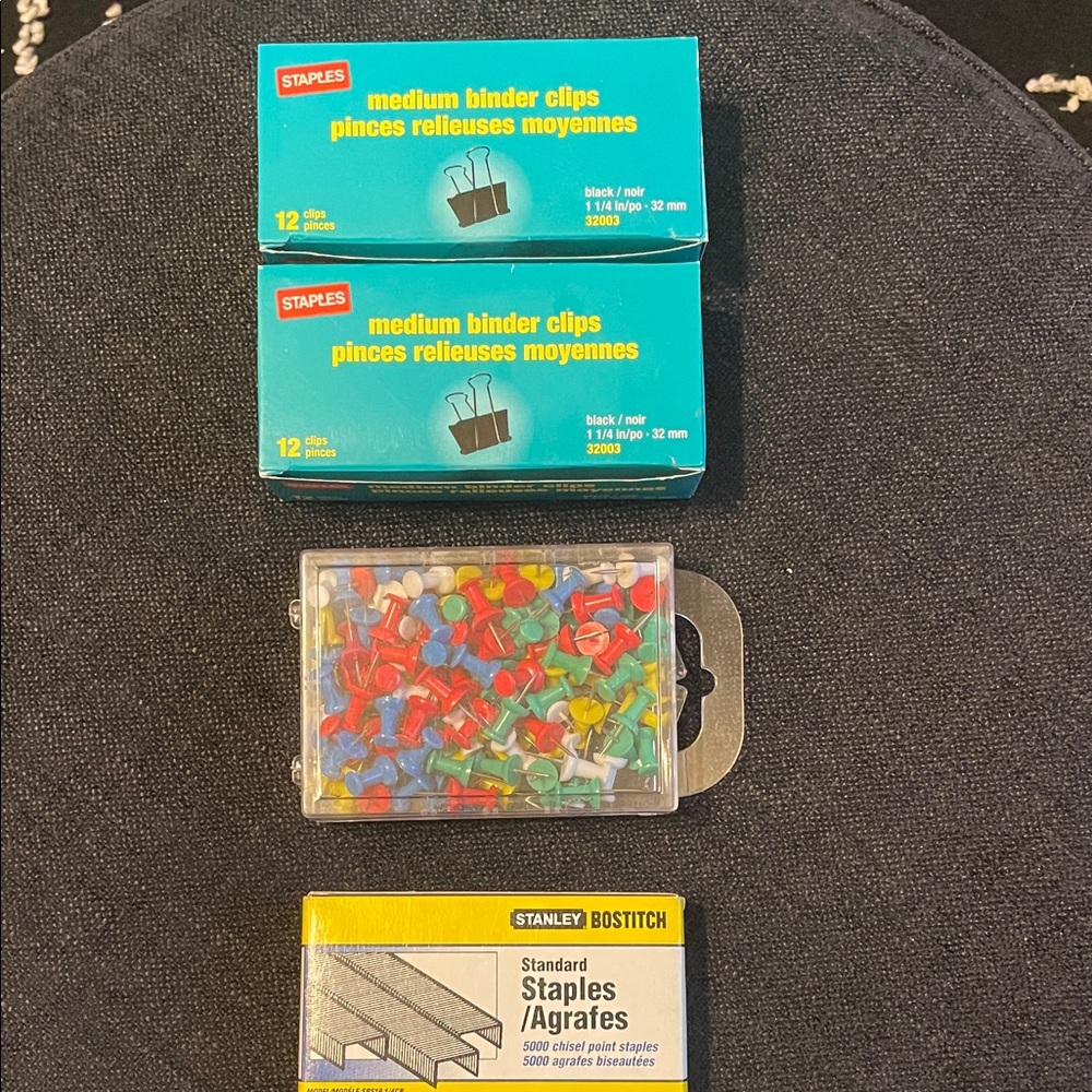 Bundle of Staples Medium Binder Clips, Stanley Bostitch Staples & Push Pins Set